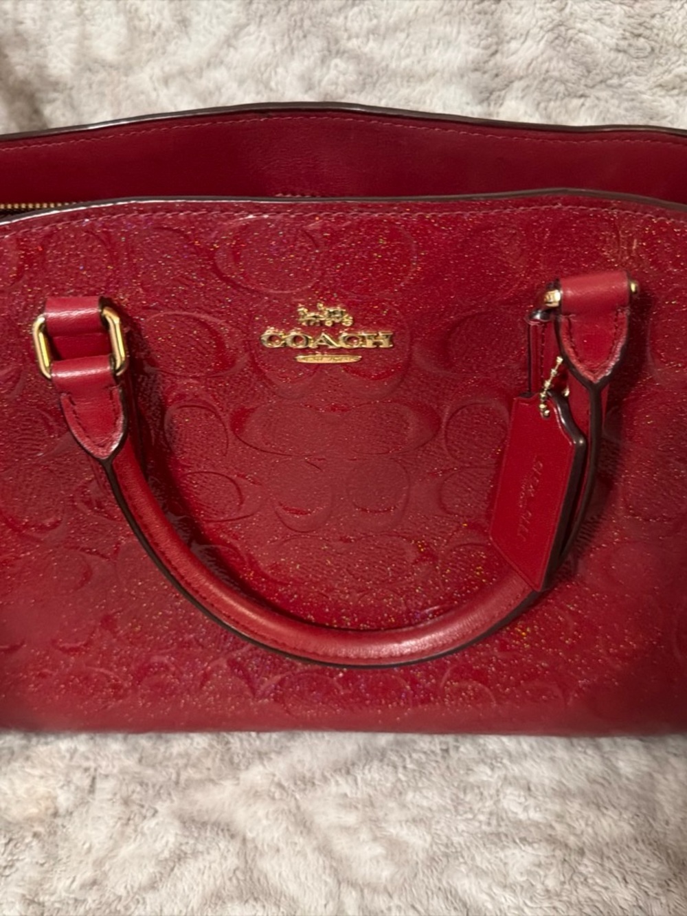 Coach Red Embossed Signature Satchel with Gold Accents